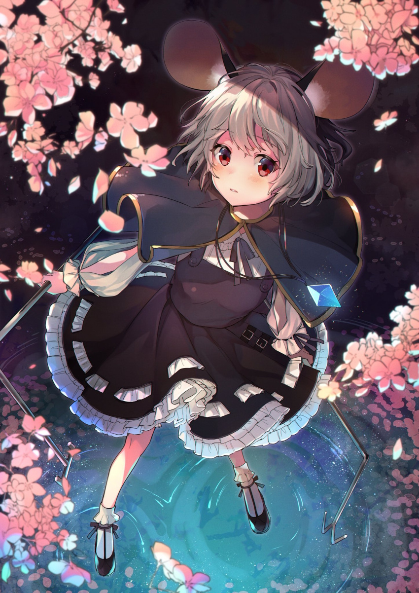 1girl animal_ears bangs black_dress black_neckwear black_ribbon blush breasts cherry_blossoms dowsing_rod dress expressionless eyebrows_visible_through_hair flower frills from_above full_body glowing grey_capelet grey_hair highres holding_rod jewelry lens_flare long_sleeves looking_at_viewer mouse_ears nazrin outdoors parted_lips pendant petticoat pink_flower puffy_sleeves red_eyes ribbon ripples short_hair small_breasts solo standing touhou vanilla_(miotanntann)