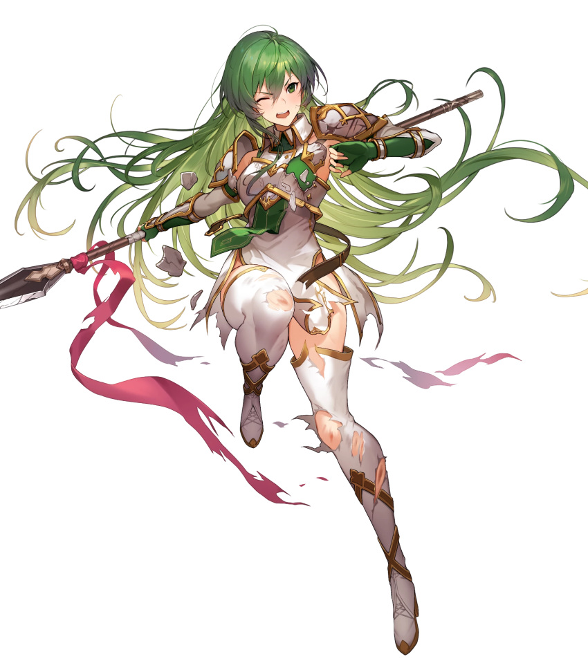 1girl arm_guards armor bangs belt boots breastplate brown_belt closed_mouth dress elbow_gloves erinys_(fire_emblem) fingerless_gloves fire_emblem fire_emblem:_genealogy_of_the_holy_war fire_emblem_heroes full_body gloves green_eyes green_gloves green_hair high_heels highres kakage long_hair official_art shiny shiny_hair short_dress shoulder_armor sleeveless thigh-highs thigh_boots thighs transparent_background white_dress white_footwear zettai_ryouiki