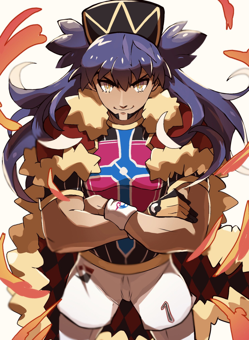 1boy 241_gm bangs baseball_cap cape champion_uniform closed_mouth commentary_request crossed_arms dark_skin dark_skinned_male facial_hair fur-trimmed_cape fur_trim gloves hat highres leon_(pokemon) long_hair male_focus number pokemon pokemon_(game) pokemon_swsh red_cape shirt short_sleeves shorts single_glove smile solo white_legwear white_shorts wristband yellow_eyes
