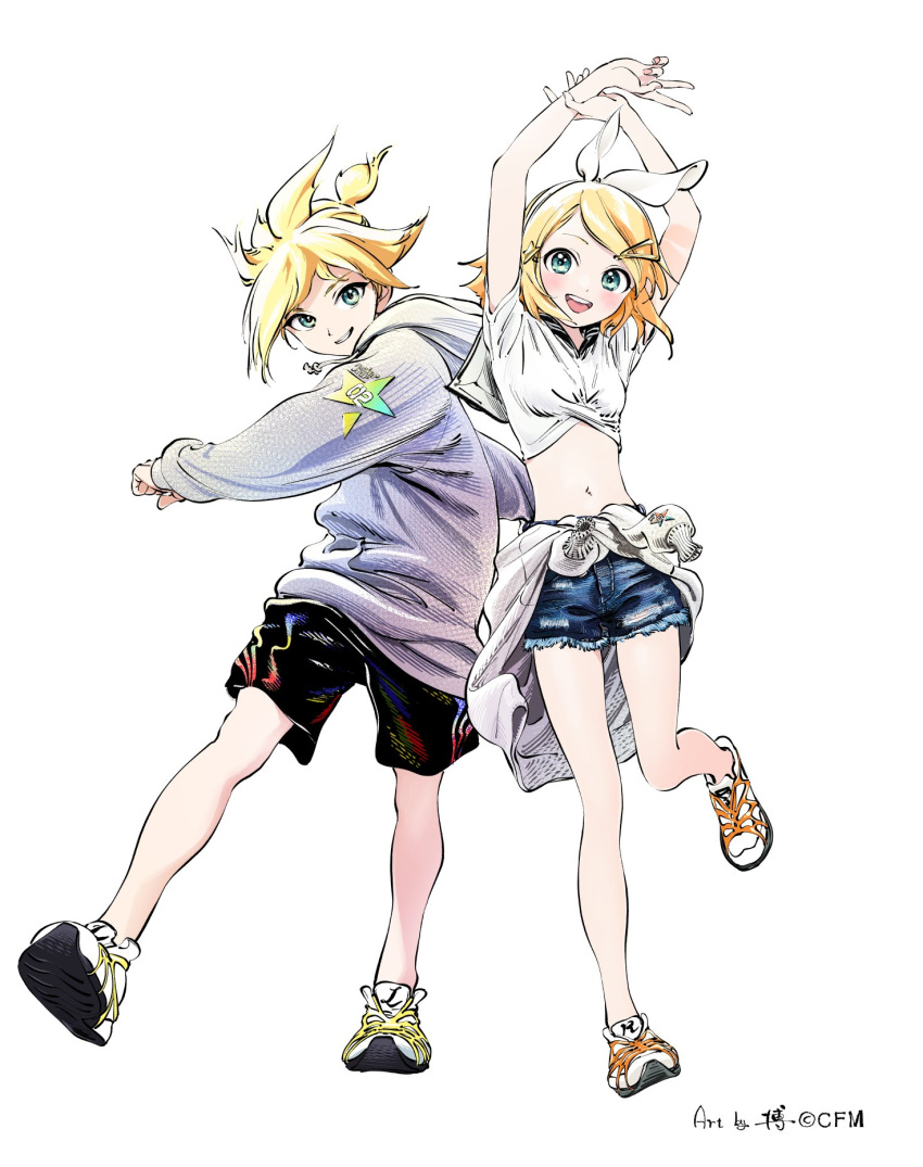 1boy 1girl alternate_costume arms_up bare_legs black_sailor_collar black_shorts blonde_hair breasts clothes_around_waist clothes_writing commentary_request copyright_name crop_top crypton_future_media denim denim_shorts dot_nose feet_up fingernails full_body green_eyes grey_hoodie grin hair_ornament hair_ribbon hairclip high_ponytail highres hiro_(dismaless) hood hood_down hoodie jacket jacket_around_waist kagamine_len kagamine_rin light_blush looking_at_viewer midriff navel official_art open_mouth ribbon round_teeth sailor_collar shoes short_hair short_shorts short_sleeves shorts side-by-side signature simple_background small_breasts smile sneakers standing standing_on_one_leg star_(symbol) star_hair_ornament tareme teeth upper_teeth v vocaloid white_background white_footwear white_jacket white_ribbon