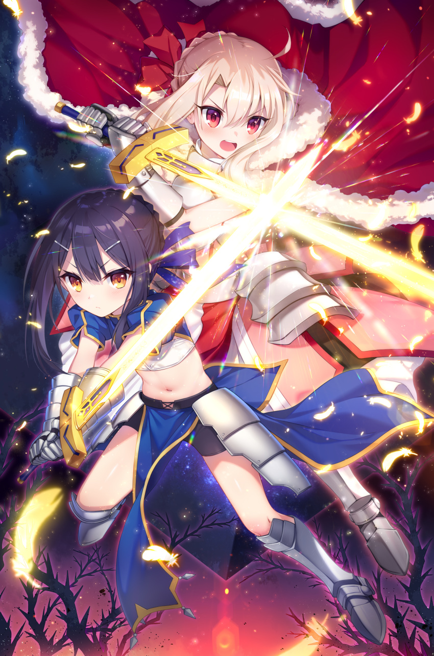 2girls :o absurdres armor armored_dress bangs bike_shorts black_hair black_shorts blonde_hair braid cape excalibur_(fate/stay_night) fate/kaleid_liner_prisma_illya fate_(series) french_braid full_body fur-trimmed_cape fur_trim gauntlets highres holding holding_sword holding_weapon illyasviel_von_einzbern metal_boots midriff miyu_edelfelt multiple_girls navel open_mouth parted_bangs pelvic_curtain red_cape red_eyes serious short_hair shorts sword taro_(ultrataro) weapon yellow_eyes