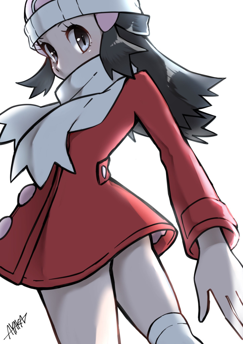 1girl ayakadegozans beanie black_hair buttons coat commentary hikari_(pokemon) eyelashes floating_hair grey_eyes hair_ornament hairclip hat highres long_hair long_sleeves looking_back pokemon pokemon_(game) pokemon_dppt pokemon_platinum red_coat scarf signature solo white_headwear white_legwear