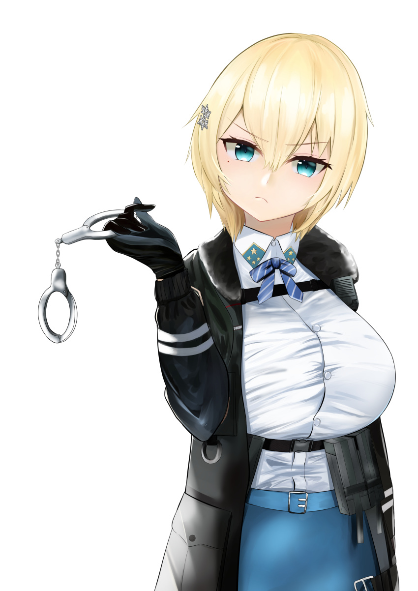 1girl absurdres aqua_eyes aqua_skirt bangs belt black_gloves black_jacket blonde_hair blue_neckwear bow bowtie breasts closed_mouth cuffs eyebrows_visible_through_hair girls_frontline gloves handcuffs highres holding_handcuffs holster jacket large_breasts looking_at_viewer medium_hair nakaryo0404 open_clothes open_jacket shirt skirt solo standing vsk-94_(girls_frontline) white_background white_shirt
