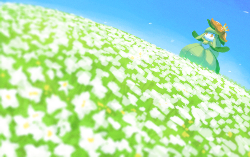 blurry commentary_request day field flower flower_field gen_5_pokemon highres lilligant no_humans one-hour_drawing_challenge orange_eyes orange_flower outdoors outstretched_arms pokemon pokemon_(creature) rend sky solo standing white_flower