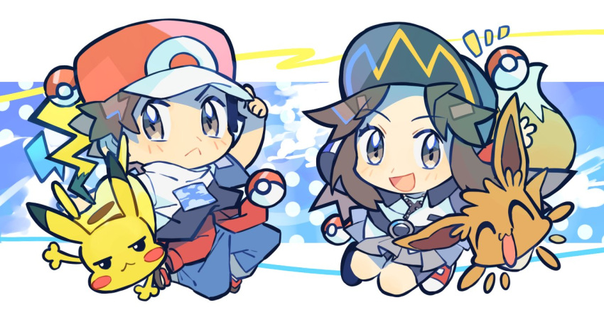 1boy 1girl :&lt; :d baseball_cap brown_eyes brown_hair closed_mouth commentary_request cosplay eevee eyebrows_visible_through_hair gen_1_pokemon gotcha! gotcha!_boy_(pokemon) gotcha!_boy_(pokemon)_(cosplay) gotcha!_girl_(pokemon) gotcha!_girl_(pokemon)_(cosplay) grey_skirt hand_on_headwear hat leaf_(pokemon) light_blush open_mouth pants pikachu pleated_skirt poke_ball poke_ball_(basic) pokemon pokemon_(creature) pokemon_(game) pokemon_frlg rata_(m40929) red_(pokemon) shoes short_sleeves sidelocks skirt smile