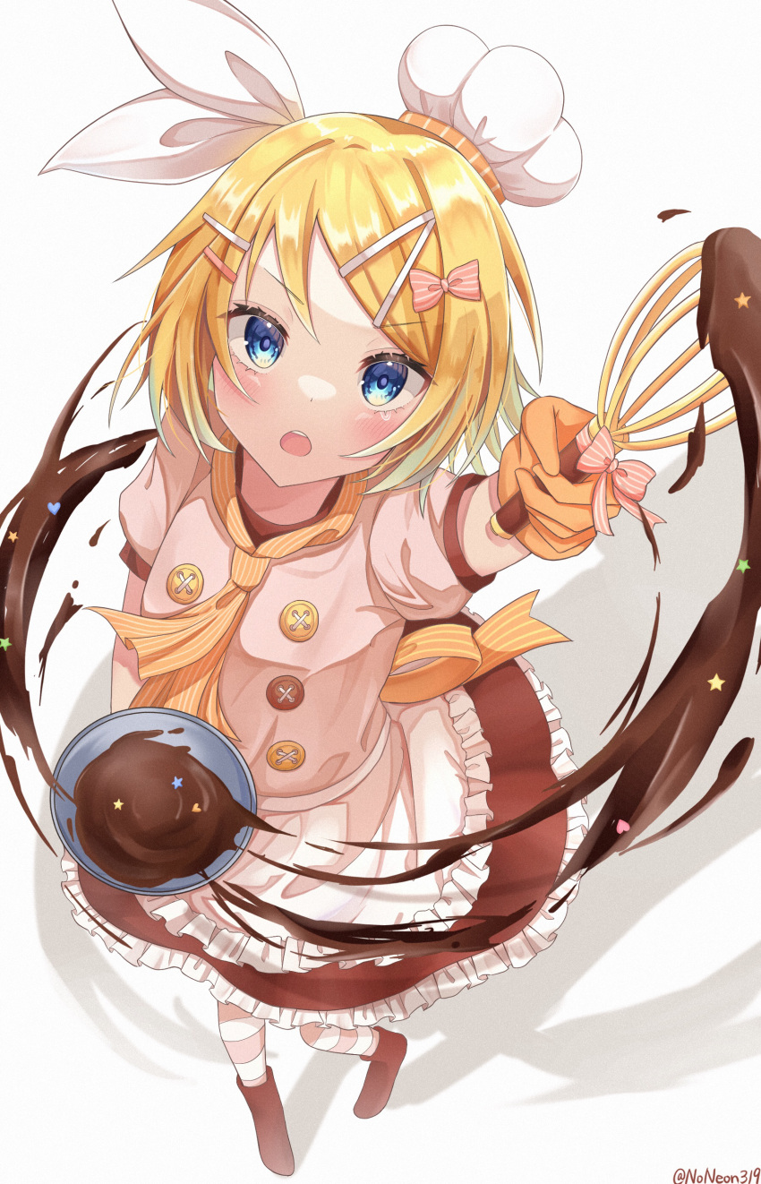 1girl absurdres arm_up ascot bangs beige_shirt blonde_hair blue_eyes bow bowl buttons chef_hat chocolate commentary foreshortening frilled_skirt frills from_above gloves hair_bow hair_ornament hairclip hat highres holding_whisk kagamine_rin layered_skirt light_blush looking_at_viewer noneon319 open_mouth orange_gloves orange_neckwear shadow short_hair short_sleeves skirt solo sprinkles standing star_(symbol) striped striped_legwear sweet_magic_(vocaloid) swept_bangs thigh-highs twitter_username v-shaped_eyebrows valentine vocaloid whisk white_background white_bow