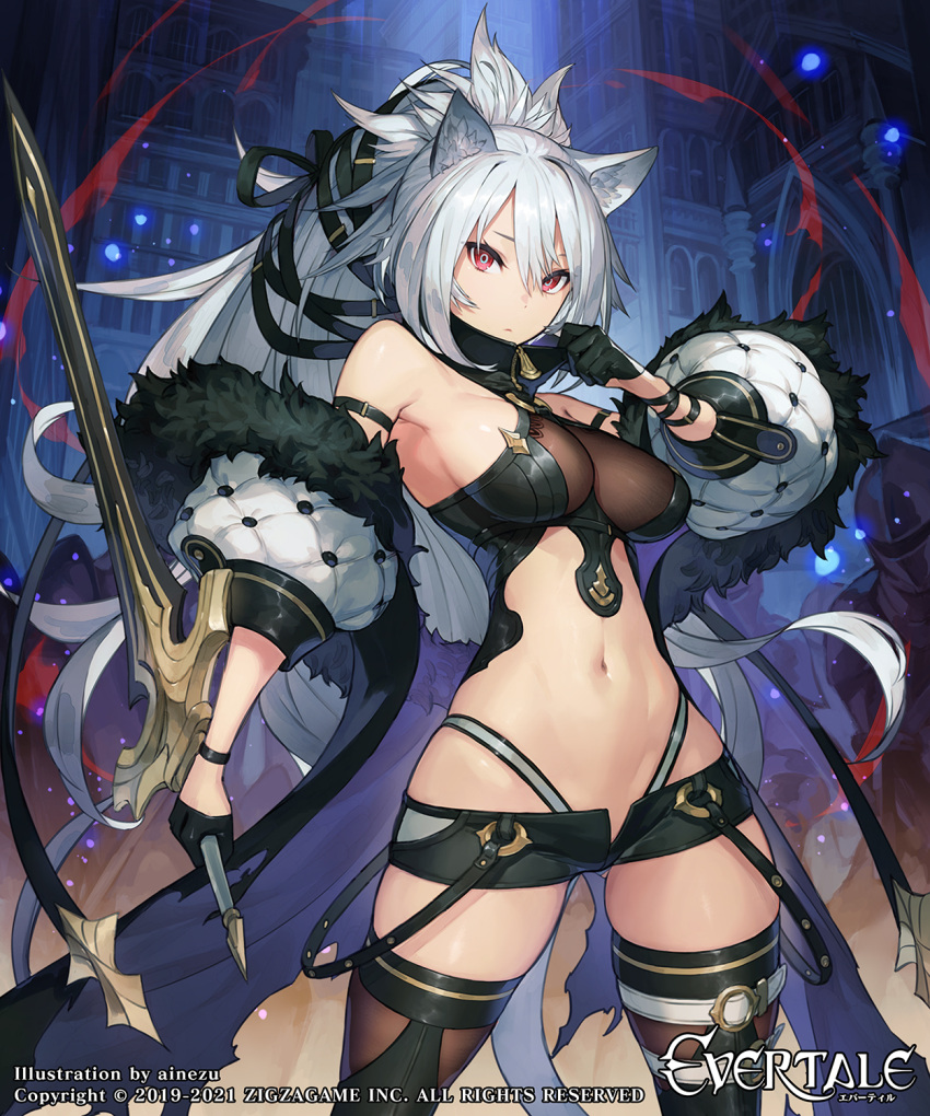1girl ainezu animal_ears breasts collar_tug evertale gloves highres long_hair midriff official_art ponytail promotional_art red_eyes sheer_clothes short_shorts shorts solo_focus sword thigh-highs very_long_hair weapon white_hair zettai_ryouiki