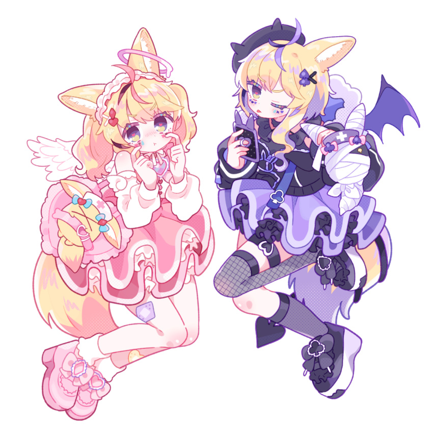 2girls @_@ aeruusa ahoge angel angel_and_devil animal_ears bag bare_shoulders blonde_hair blush broken_heart clothing_cutout demon_wings dual_persona floating fox_ears fox_girl frills full_body fur_trim gothic_lolita hair_ornament hairclip heart highres hololive lolita_fashion looking_at_viewer miniskirt multicolored_hair multiple_girls omaru_polka pink_hair shoulder_cutout simple_background skirt spoken_heart sweet_lolita violet_eyes virtual_youtuber white_background wings x_hair_ornament