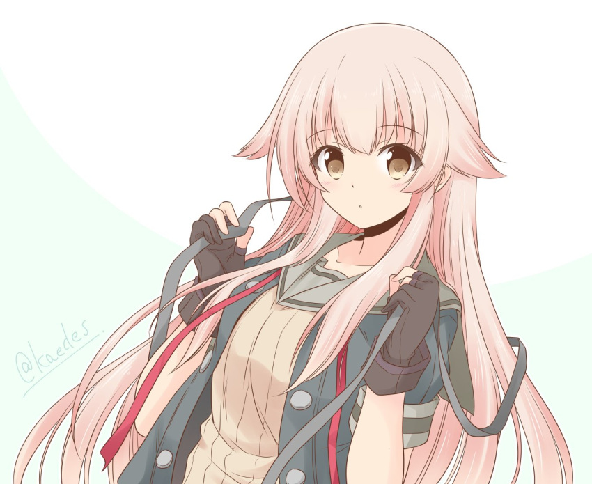 1girl alternate_hairstyle black_gloves black_jacket brown_eyes commentary_request gloves grey_sailor_collar hair_down hair_flaps icesherbet jacket kantai_collection long_hair looking_at_viewer neck_ribbon partially_fingerless_gloves pink_hair ponytail red_ribbon remodel_(kantai_collection) ribbon sailor_collar school_uniform serafuku short_sleeves solo two-tone_background upper_body very_long_hair yura_(kancolle)