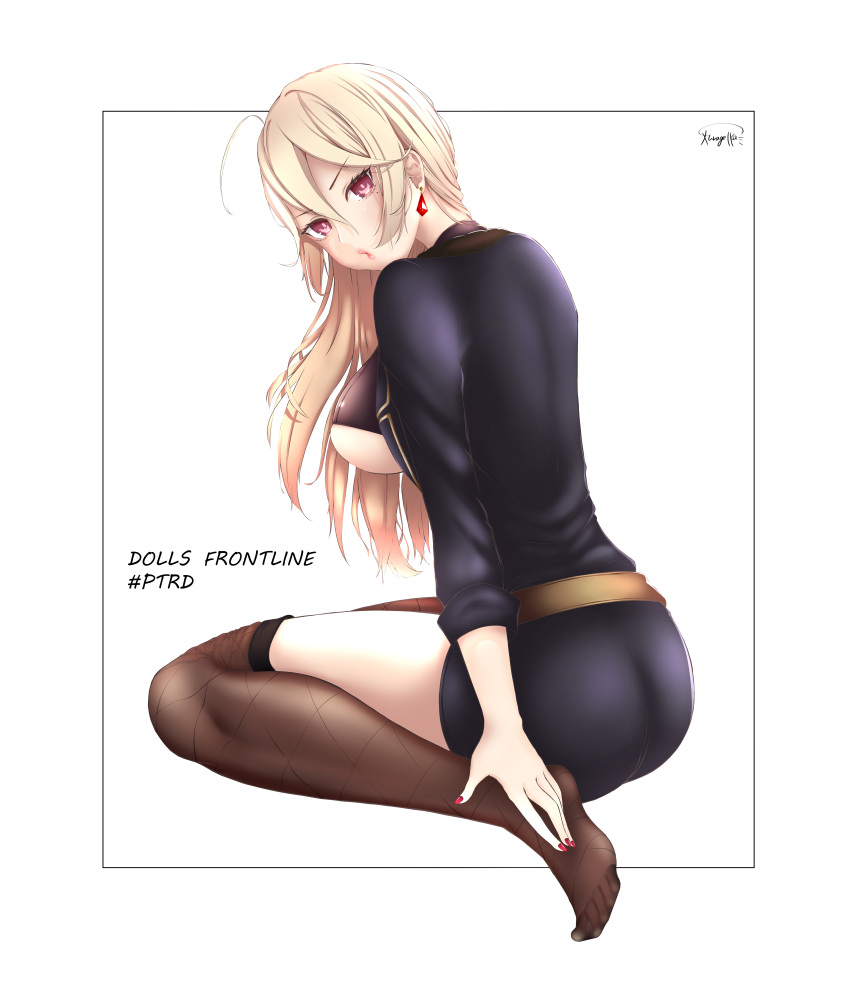 1girl absurdres alternate_costume artist_name ass black_legwear blonde_hair breasts character_name copyright_name dress earrings eyebrows_visible_through_hair fishnet_legwear fishnets girls_frontline highres ikaika jewelry long_hair looking_at_viewer looking_back nail_polish ptrd-41_(girls_frontline) red_nails seiza simple_background sitting solo thigh-highs thighs violet_eyes