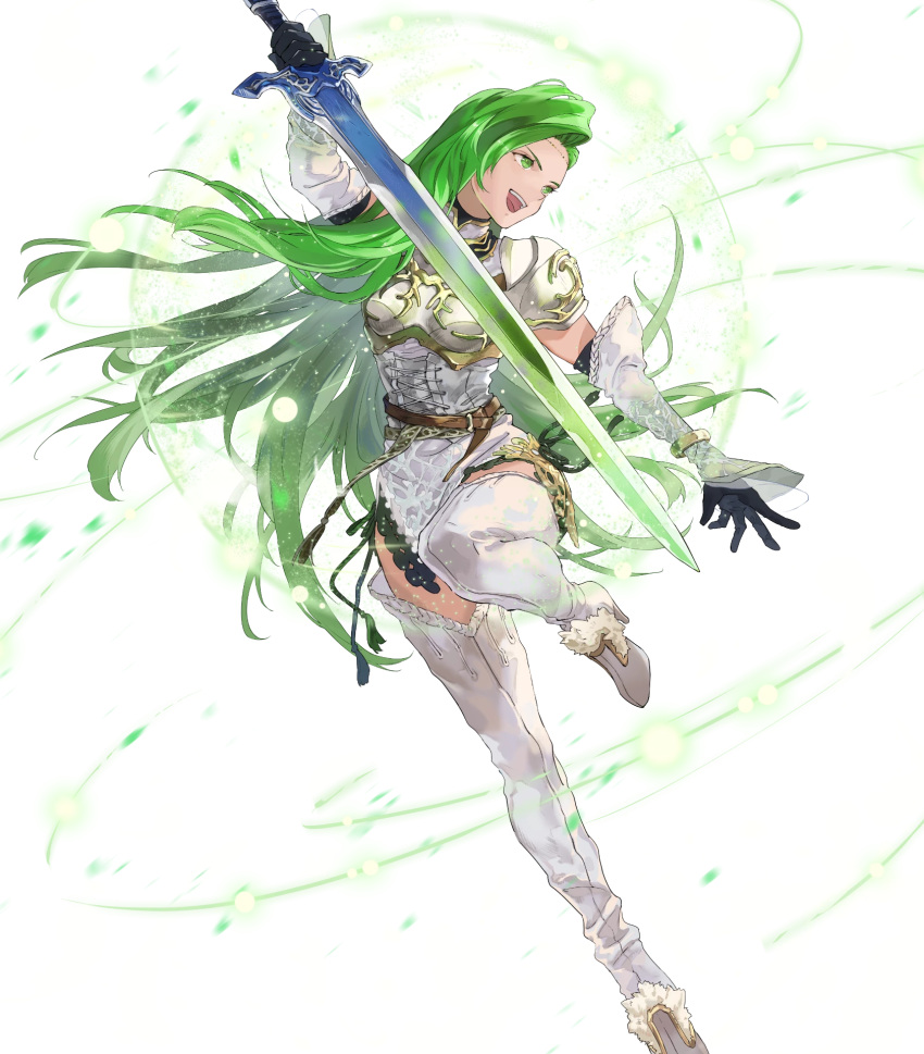 1girl annand_(fire_emblem) armor bangs belt black_gloves boots breastplate circlet dress elbow_gloves fire_emblem fire_emblem:_genealogy_of_the_holy_war fire_emblem_heroes full_body gloves green_eyes green_hair high_heels highres jewelry long_hair mayo_(becky2006) official_art shiny shiny_hair short_dress shoulder_armor simple_background sleeveless solo thigh-highs thigh_boots transparent_background white_dress zettai_ryouiki