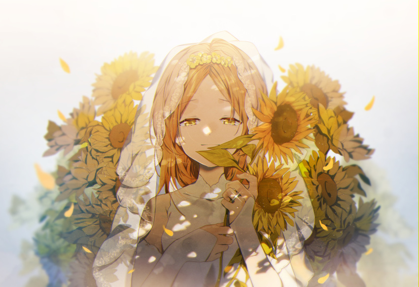 1girl brown_hair dappled_sunlight flower glint half-closed_eyes hands_up highres holding holding_flower leaf long_hair omutatsu original petals shadow solo sunflower sunlight upper_body veil yellow_eyes yellow_flower