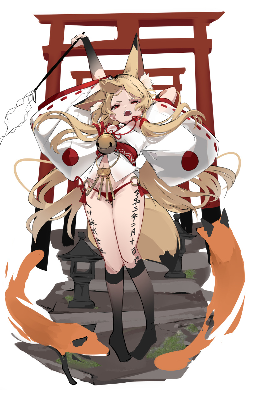 1girl absurdres animal_ears arms_up bell black_legwear blonde_hair body_writing dleung fox_ears fox_girl fox_tail full_body gohei highres japanese_clothes kneehighs long_hair looking_at_viewer miko no_shoes o-ring one_eye_closed open_mouth original panties red_eyes red_panties ribbon-trimmed_sleeves ribbon_trim shide solo tail torii underwear very_long_hair white_background wide_sleeves
