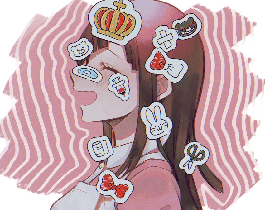 1girl animal_print apron bandages bandaid bandaid_on_head bandaid_on_nose bbjj_927 bear_print blush bow bow_print brown_hair bunny_print collared_shirt commentary_request crown_print dangan_ronpa_(series) dangan_ronpa_2:_goodbye_despair highres long_hair open_mouth pillow pink_background pink_shirt scissors shirt solo sticker striped syringe tsumiki_mikan upper_body white_background