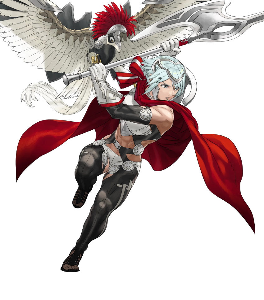 1girl animal armor axe battle_axe bird breastplate cape dagr_(fire_emblem) fire_emblem fire_emblem_heroes full_body gloves grey_eyes headpiece highres holding kozaki_yuusuke light_blue_hair lips midriff muscular muscular_female open_toe_shoes red_cape short_hair solo toes transparent_background weapon wings