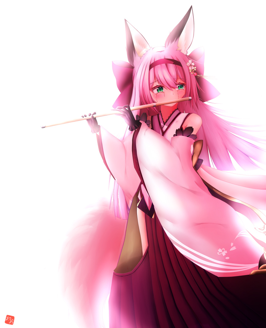 absurdres akiyama_neo animal_ears azur_lane backlighting bare_shoulders brown_gloves detached_sleeves flower fox_ears fox_girl fox_tail gloves green_eyes hair_between_eyes hair_flower hair_ornament hairband hairpin hanazuki_(azur_lane) highres hip_vent japanese_clothes kimono long_hair pink_tail red_hairband simple_background tail tearing_up tears white_background white_kimono wide_sleeves