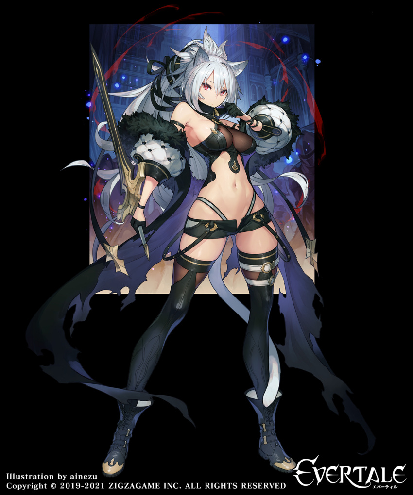 1girl ainezu animal_ears boots breasts collar_tug evertale gloves highres long_hair midriff official_art open_clothes open_shorts ponytail promotional_art red_eyes sheer_clothes short_shorts shorts solo_focus strap sword tail thigh-highs very_long_hair weapon white_hair zettai_ryouiki