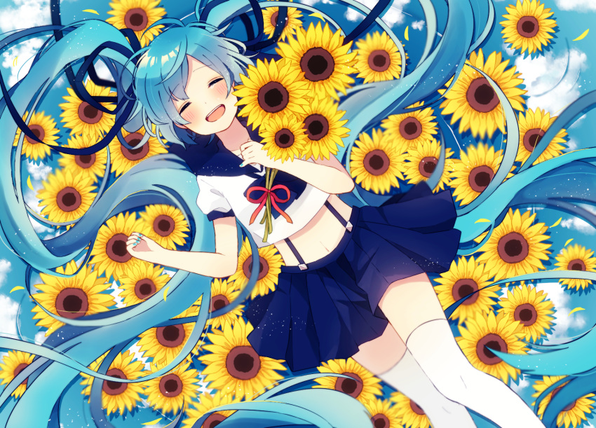 1girl 64hijiki alternate_costume aqua_nails blue_hair blue_ribbon blue_sailor_collar blue_skirt blue_sky bouquet closed_eyes clouds cloudy_sky crying day dot_nose dutch_angle eyebrows_visible_through_hair facing_viewer feet_out_of_frame fingernails flower from_above hair_ribbon hand_on_own_chest happy_tears hatsune_miku highres holding holding_bouquet knees_together_feet_apart laughing light_blush light_particles long_hair lying midriff navel on_back outdoors petals pleated_skirt puffy_short_sleeves puffy_sleeves red_ribbon reflecting_pool reflection ribbon ripples sailor_collar shiny shiny_hair short_sleeves skirt sky solo sunflower suspender_skirt suspenders tareme tears thigh-highs too_many too_many_flowers twintails very_long_hair vocaloid white_legwear yellow_flower zettai_ryouiki