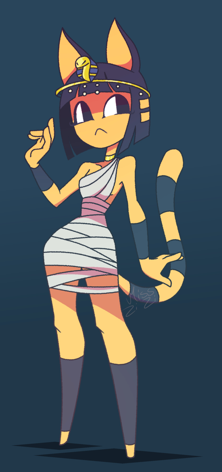 1girl absurdres animal_crossing animal_ears ankha_(animal_crossing) artist_name bandages bangs bare_shoulders barefoot blue_background blue_eyes blue_fur blue_hair blunt_bangs blunt_ends bob_cut body_fur breasts cat_ears cat_girl cat_tail circlet closed_mouth collarbone commentary dress egyptian egyptian_clothes english_commentary eyeliner full_body furry furry_female gradient_eyes grey_dress hair_ornament hand_up highres jewelry makeup making-of_available medium_breasts miss_zi_zi multicolored_eyes naked_bandage neck_ring no_feet no_nose purple_eyes purple_hair short_dress short_hair signature simple_background snake_hair_ornament solo standing striped_tail tail two-tone_fur underboob watermark yellow_fur