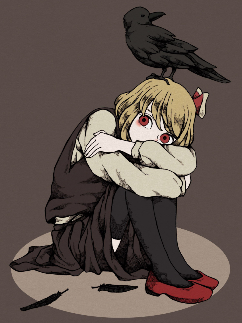 1girl awk_chan bird blonde_hair crow highres long_sleeves red_eyes red_footwear red_ribbon ribbon rumia short_hair simple_background solo thigh-highs touhou