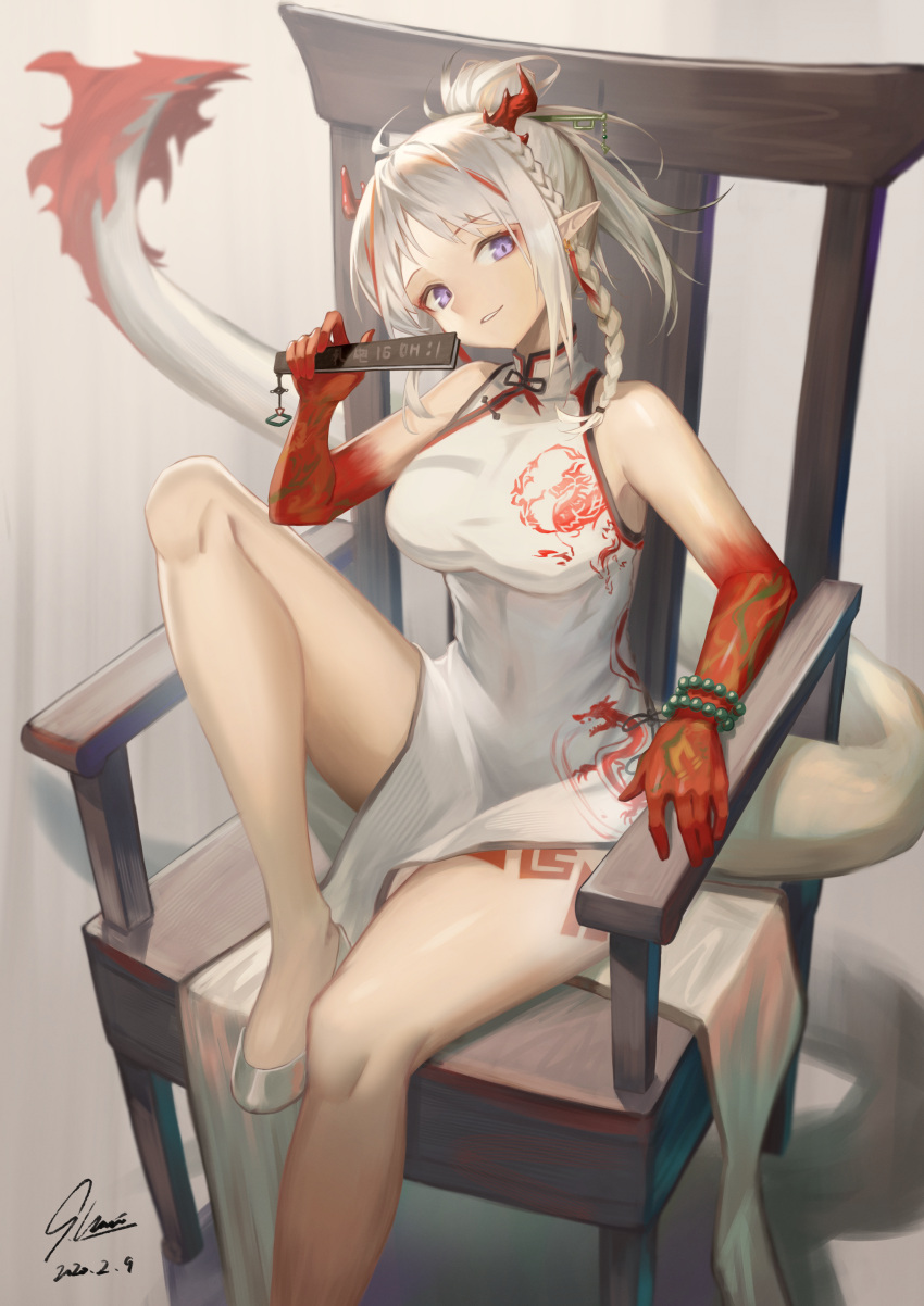 1girl absurdres arknights bangs bare_legs bare_shoulders bead_bracelet beads bracelet braid breasts chair china_dress chinese_clothes commentary dress foot_out_of_frame grey_background hand_up head_tilt highres holding horns huge_filesize ioriwu8 jewelry knee_up large_breasts long_hair looking_at_viewer nian_(arknights) nian_(unfettered_freedom)_(arknights) official_alternate_costume parted_lips pointy_ears redhead silver_hair sitting sleeveless sleeveless_dress solo tail thighs violet_eyes white_dress