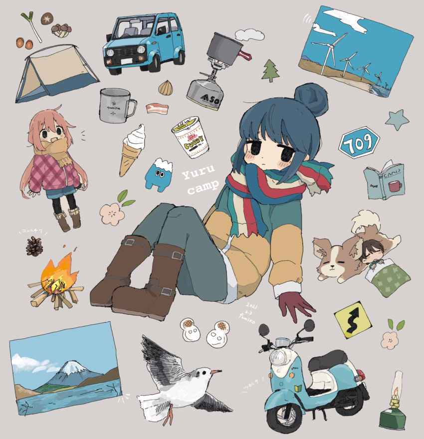 156m 3girls animal bacon bangs bird black_eyes black_legwear blanket blue_hair blush book boots brown_hair campfire car chikuwa_(yurucamp) closed_mouth cup dog fire flower food gloves grey_background ground_vehicle hair_bun highres ice_cream ice_cream_cone jacket kagamihara_nadeshiko long_hair long_sleeves motor_vehicle mount_fuji mountain mug multicolored multicolored_clothes multicolored_scarf multiple_girls mushroom noodles onion open_mouth pants pantyhose pinecone pink_hair ramen ramen saitou_ena scarf shima_rin short_hair shorts sidelocks sign simple_background spring_onion star_(symbol) tent tree vegetable yellow_scarf yurucamp