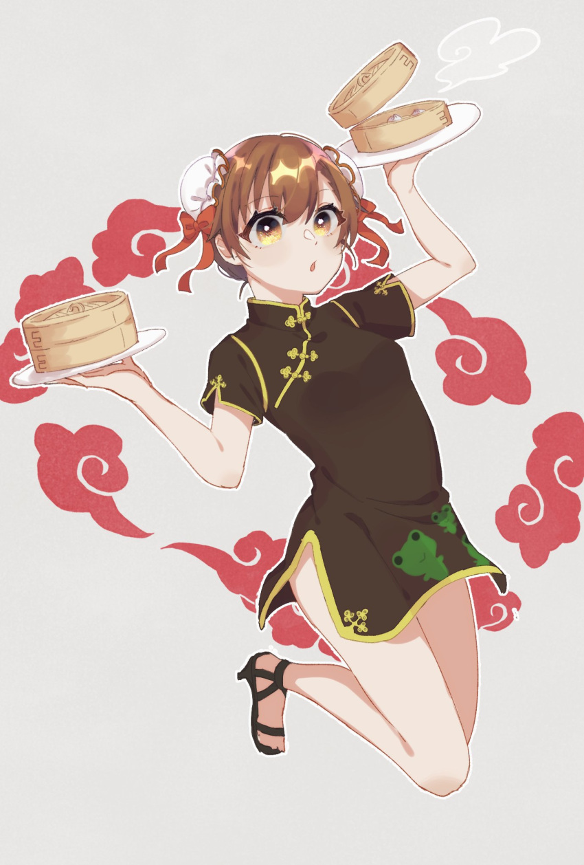 1girl bangs black_dress bow brown_eyes brown_hair bun_cover china_dress chinese_clothes double_bun dress eyebrows_visible_through_hair full_body grey_background hair_between_eyes hair_bow highres holding holding_plate mashu_(masyu_ut) misaka_mikoto open_mouth plate print_dress red_bow shiny shiny_hair short_dress short_hair short_sleeves side_slit solo toaru_majutsu_no_index