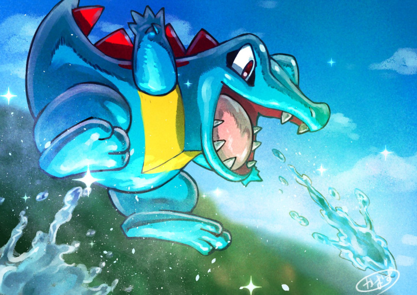blurry clouds commentary_request day gen_2_pokemon kaosu_(kaosu0905) no_humans open_mouth outdoors pokemon pokemon_(creature) red_eyes sharp_teeth sky solo sparkle starter_pokemon teeth tongue totodile water water_drop