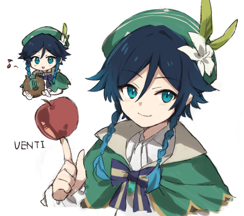 1boy apple bangs black_hair blue_eyes blue_hair bow bowtie braid cape character_name eyebrows_visible_through_hair flower food freenote_mr fruit genshin_impact gradient_hair green_headwear hat highres index_finger_raised instrument lyre male_focus multicolored_hair musical_note open_mouth side_braids simple_background smile venti_(genshin_impact) white_background white_flower