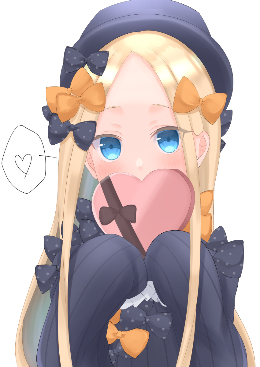 1girl abigail_williams_(fate) absurdres bangs black_bow black_dress black_headwear blonde_hair blue_eyes blush bow box breasts doctor_0927 dress fate/grand_order fate_(series) forehead gift gift_box hair_bow hat heart-shaped_box highres long_hair long_sleeves looking_at_viewer multiple_bows orange_bow parted_bangs polka_dot polka_dot_bow ribbed_dress sleeves_past_fingers sleeves_past_wrists small_breasts valentine