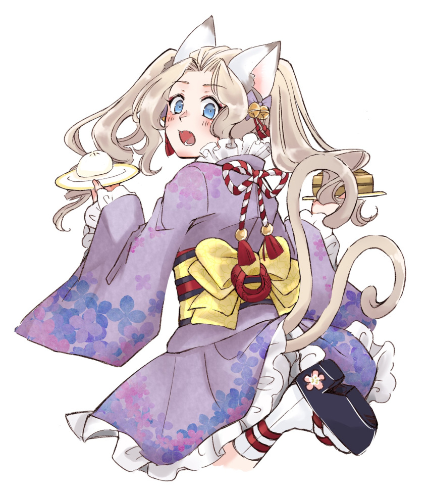 1girl animal_ears back_bow baozi bell black_footwear blue_eyes bow cat_ears cat_tail commentary_request double_horizontal_stripe dress ear_bow floral_print food frilled_dress frills from_behind frown genderswap genderswap_(mtf) hair_bell hair_ornament highres holding holding_plate japanese_clothes jingle_bell keith_claes kemonomimi_mode light_brown_hair long_hair long_sleeves looking_at_viewer looking_back multiple_tails mutton_(user_hafp8324) obi open_mouth otome_game_no_hametsu_flag_shika_nai_akuyaku_reijou_ni_tensei_shite_shimatta plate print_dress purple_dress sandals sash short_dress simple_background solo standing tabi tail twintails two_tails waitress wavy_hair white_background white_legwear wide_sleeves yellow_bow
