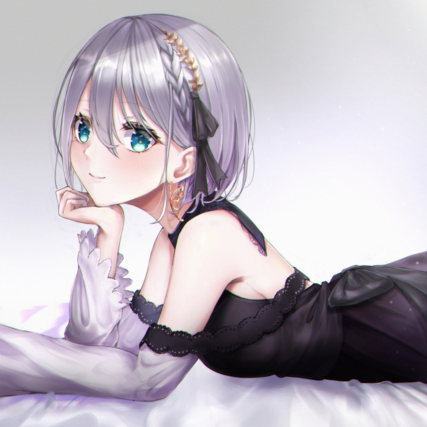 1girl bare_shoulders black_bow black_dress black_ribbon blue_eyes blush bow braid butterfly_earrings dress earrings french_braid from_side hair_between_eyes hair_ribbon head_rest highres horo_27 iris_black_games jewelry kaga_sumire long_sleeves looking_at_viewer lupinus_virtual_games lying mole mole_under_eye on_stomach ribbon short_hair smile solo virtual_youtuber white_sleeves