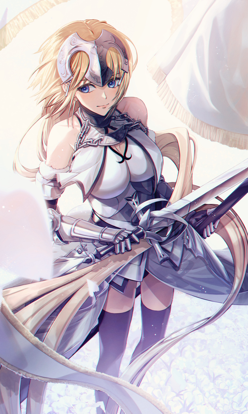 1girl absurdres armor armored_dress bangs banner black_legwear blonde_hair blue_eyes breast_curtains breasts chain cuirass dann32 detached_sleeves fate/grand_order fate_(series) field flag flower flower_field from_above gauntlets headpiece highres holding holding_flag holding_sword holding_weapon huge_filesize jeanne_d'arc_(fate) jeanne_d'arc_(fate)_(all) long_hair looking_to_the_side smile solo standing sword thigh-highs weapon white_armor
