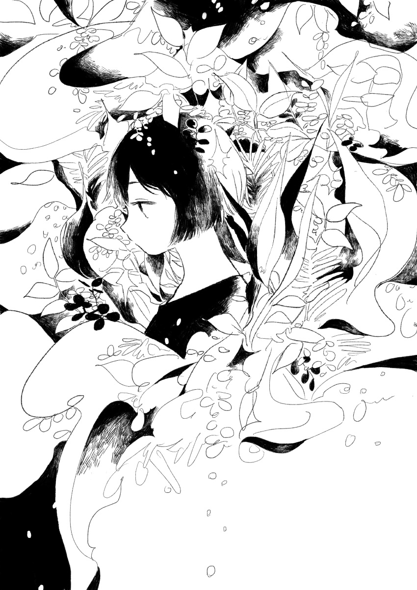 1girl abstract absurdres black_hair black_shirt greyscale highres leaf monochrome original plant profile shirt short_hair sion_0d1m solo