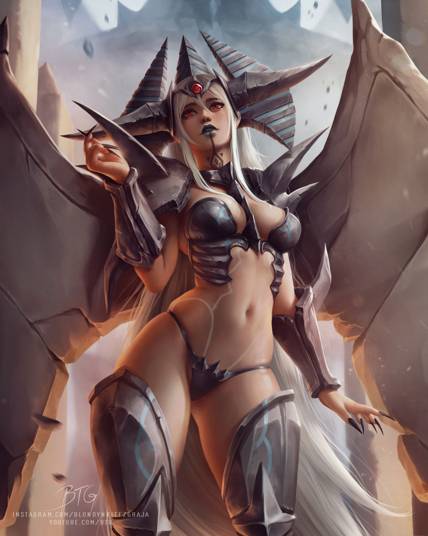 1girl armor artist_name between_breasts bikini_armor black_panties blondynkitezgraja breasts commentary duel_monster fingernails highres instagram_username leg_armor long_fingernails long_hair medium_breasts navel obelisk_the_tormentor panties personification procreate_(medium) red_eyes shoulder_armor spiked_armor thighs underwear very_long_hair watermark web_address white_hair youtube_username yu-gi-oh!