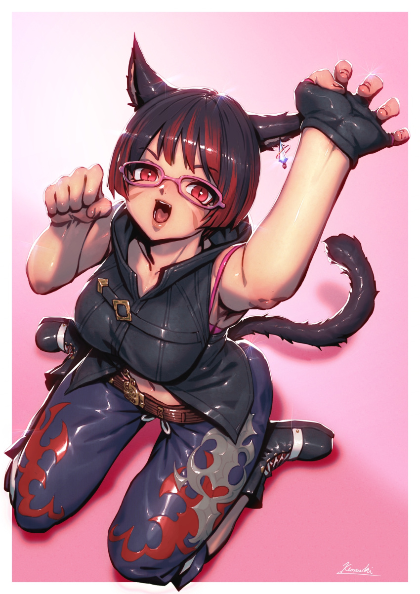 1girl arms_up belt black_footwear black_gloves black_hair black_shirt copyright_request final_fantasy final_fantasy_xiv fingerless_gloves glasses gloves highres kio_naoki looking_at_viewer midriff miqo'te multicolored_hair navel open_mouth pink-framed_eyewear pink_background red_eyes redhead seiza shadow shirt shoes short_hair signature sitting sleeveless sleeveless_shirt smile solo two-tone_hair