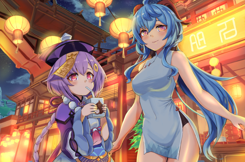 2021 2girls ahoge alternate_costume bare_arms bare_shoulders black_shorts blue_hair blush braid braided_ponytail breasts china_dress chinese_clothes chinese_new_year clouds coconut covered_navel dress drink drinking drinking_straw ganyu_(genshin_impact) genshin_impact half-closed_eyes hat highres horns jiangshi lantern lantern_festival long_hair long_sleeves looking_at_viewer medium_breasts multiple_girls night outdoors rixch short_shorts shorts sky sleeveless sleeveless_dress violet_eyes wide_sleeves