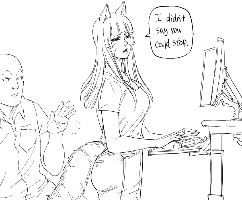 1boy 1girl animal_ears bb_(baalbuddy) breasts commentary denim english_commentary english_text fox_ears fox_girl fox_tail greyscale highres jeans keyboard_(computer) large_breasts long_hair monitor monochrome mouse_(computer) multiple_monitors original pants parted_lips shirt short_sleeves simple_background standing tail typing whisker_markings white_background