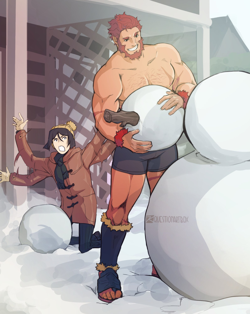 2boys bare_pecs beard black_male_underwear boxers bulge chest_hair contemporary dark_skin dark_skinned_male facial_hair fate/grand_order fate/zero fate_(series) head_tilt highres iskandar_(fate) juliet_(nekodorubox) large_pectorals male_focus male_underwear mature_male motion_blur multiple_boys muscular muscular_male red_eyes redhead scar scar_on_chest short_hair smile snow snowman thighs underwear waver_velvet