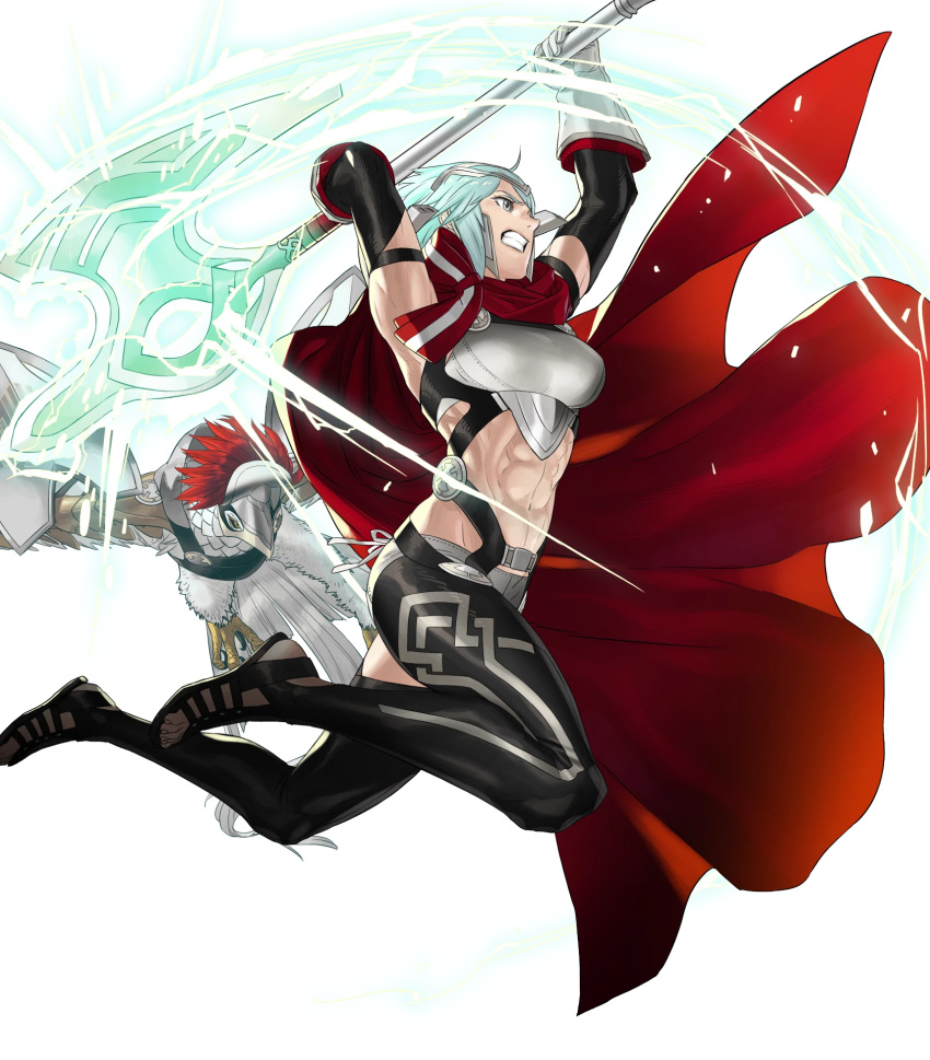 1girl animal armor axe battle_axe bird breastplate cape dagr_(fire_emblem) fire_emblem fire_emblem_heroes full_body gloves grey_eyes headpiece highres holding kozaki_yuusuke light_blue_hair lips midriff muscular muscular_female open_toe_shoes red_cape short_hair solo toes transparent_background weapon wings