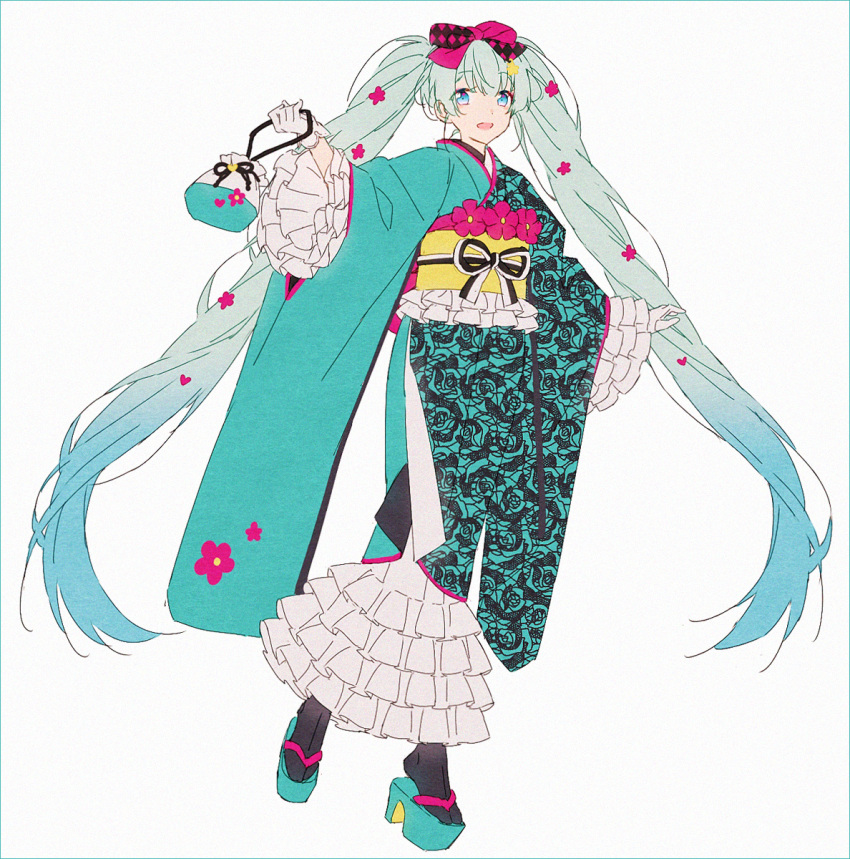 1girl alternate_costume aqua_footwear aqua_kimono argyle arm_at_side bag black_legwear black_ribbon blue_eyes blue_hair commentary dot_nose eyebrows_visible_through_hair feet_up flat_chest floral_print flower frilled_kimono frilled_sleeves frills full_body gloves gradient gradient_hair hair_flower hair_ornament hair_ribbon hakusai_(tiahszld) hand_up handbag happy hatsune_miku highres holding holding_bag japanese_clothes kimono long_hair looking_at_viewer multicolored_hair okobo open_mouth pink_flower pink_ribbon ribbon rose_print simple_background socks solo standing standing_on_one_leg symbol_commentary tabi twintails unmoving_pattern very_long_hair vocaloid white_background white_gloves