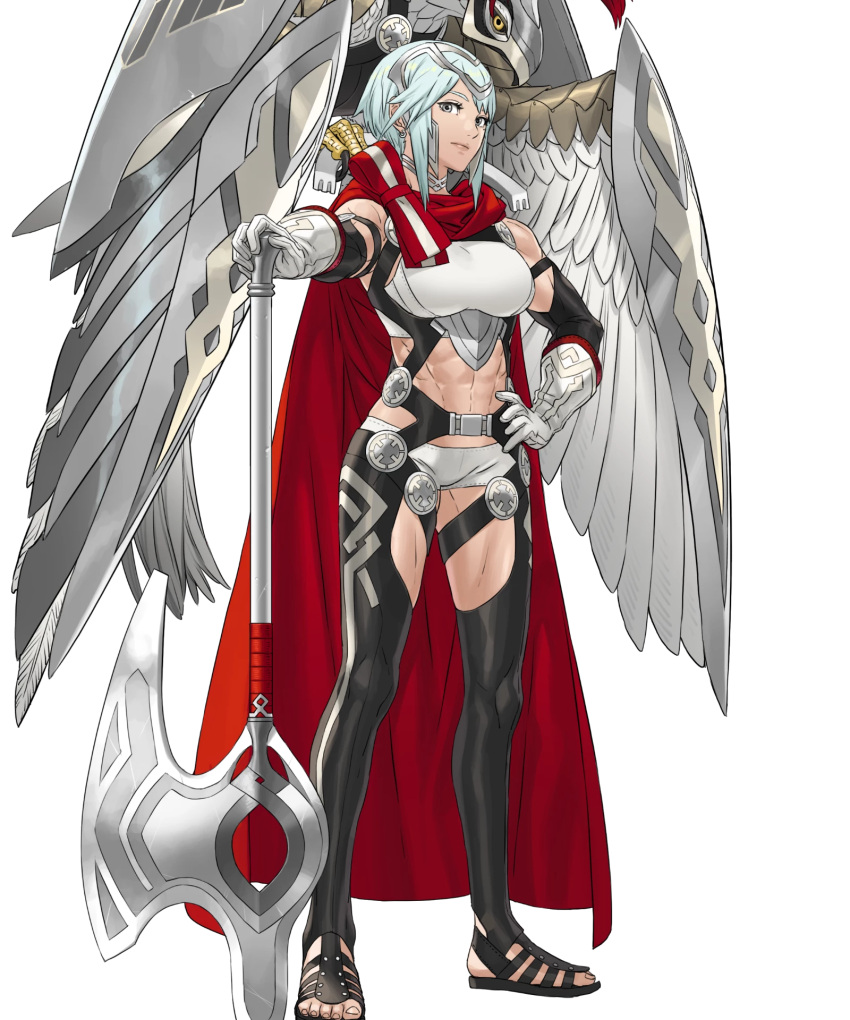 1girl animal armor axe battle_axe bird breastplate cape dagr_(fire_emblem) fire_emblem fire_emblem_heroes full_body gloves grey_eyes headpiece highres holding kozaki_yuusuke light_blue_hair lips midriff muscular muscular_female open_toe_shoes red_cape short_hair solo toes transparent_background weapon wings