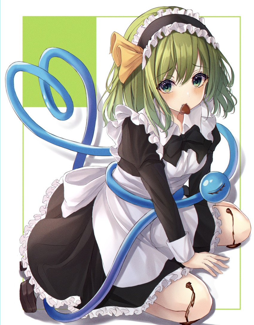 1girl alternate_costume apron arm_support black_bow black_dress black_hairband black_neckwear bow bowtie breasts brown_footwear candy chocolate chocolate_heart commentary_request dress enmaided eyeball eyebrows_visible_through_hair food frills from_above green_eyes green_hair hair_ribbon hairband heart heart_of_string highres juliet_sleeves komeiji_koishi kure:kuroha long_sleeves looking_at_viewer maid maid_apron medium_hair mouth_hold puffy_sleeves ribbon simple_background sitting small_breasts solo third_eye touhou valentine wariza white_apron white_background yellow_ribbon