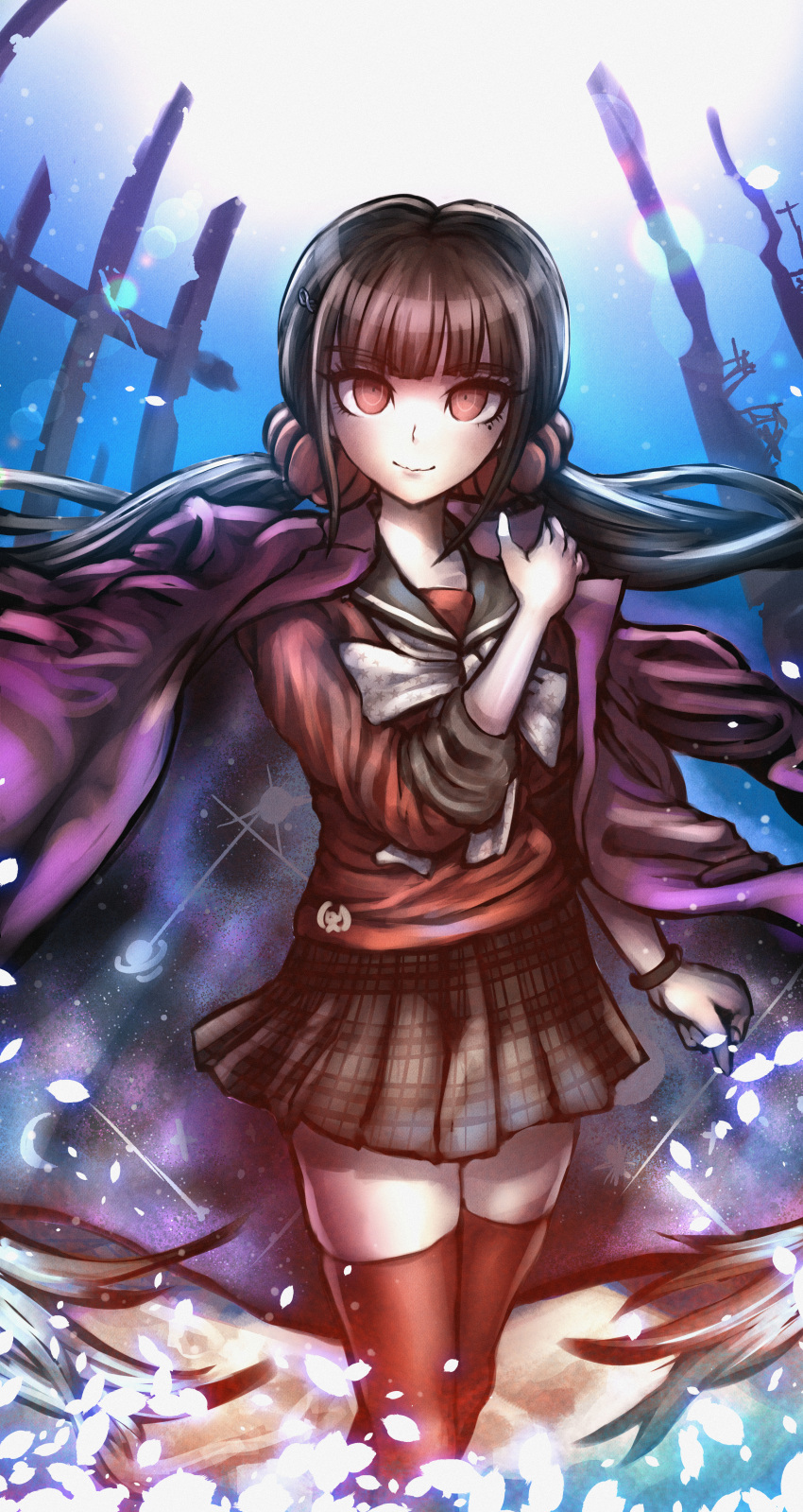 1girl absurdres bangs black_legwear blunt_bangs borrowed_garments bracelet brown_hair collarbone commentary_request cowboy_shot dangan_ronpa_(series) dangan_ronpa_v3:_killing_harmony dgrp_(minhduc12333) hair_ornament hairclip hand_up harukawa_maki highres holding huge_filesize jacket jacket_on_shoulders jewelry long_hair long_sleeves looking_at_viewer low_twintails mole mole_under_eye plaid pleated_skirt red_eyes red_legwear red_scrunchie school_uniform scrunchie serafuku shiny shiny_hair shirt skindentation skirt smile solo space_print standing starry_sky_print thigh-highs twintails very_long_hair zettai_ryouiki