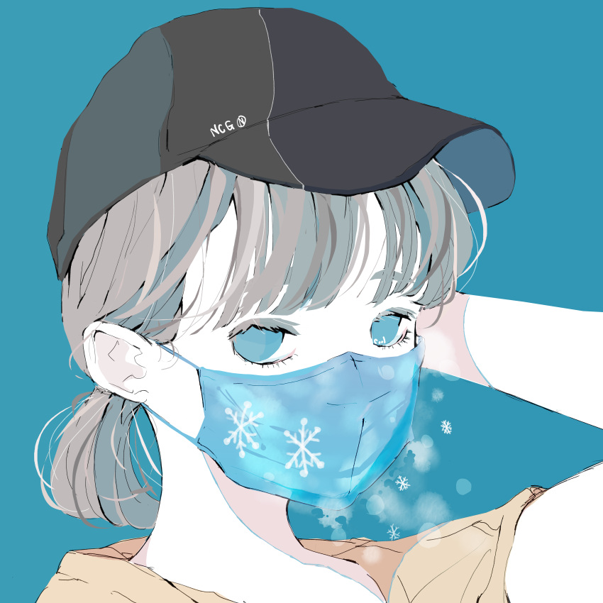 1girl absurdres arm_up bangs baseball_cap black_headwear blue_background blue_eyes blue_mask brown_hair hat highres looking_at_viewer mask mouth_mask nocopyrightgirl original ponytail portrait shirt short_hair simple_background snowflakes solo yellow_shirt