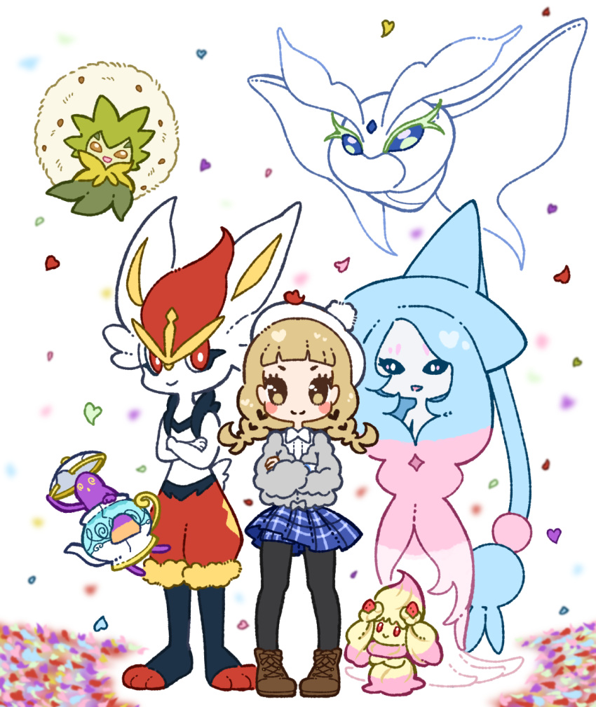 3girls @_@ absurdly_long_hair alcremie alcremie_(ruby_swirl) alcremie_(strawberry_sweet) animal_ears arm_up bangs bike_shorts black_legwear black_sclera blank_eyes blonde_hair blue_eyes blue_fur blue_hair blue_headwear blue_skirt blunt_bangs blush blush_stickers body_fur braid brown_eyes brown_footwear bunny_tail cinderace closed_mouth collared_shirt colored_sclera colored_skin commentary_request confetti cross-laced_footwear crossed_arms eldegoss flat_chest floating food frosmoth fruit full_body furry gen_8_pokemon gloria_(pokemon) grey_skin grey_sweater happy hat hatterene heart highres holding long_hair long_sleeves looking_at_another looking_at_viewer looking_up miniskirt muguet multicolored_hair multiple_girls open_mouth pantyhose paws pink_hair plaid plaid_skirt pleated_skirt pokemon pokemon_(creature) pokemon_(game) pokemon_swsh polteageist prehensile_hair rabbit_ears rabbit_girl red_eyes red_fur redhead shirt shoes short_hair simple_background skirt smile standing straight-on strawberry sweater tail teapot tied_hair twin_braids two-tone_hair very_long_hair white_background white_eyes white_fur white_shirt witch_hat yellow_eyes yellow_fur