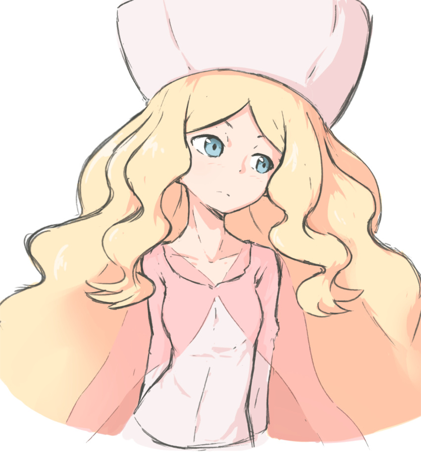1girl blonde_hair blue_eyes blush breasts caitlin_(pokemon) closed_mouth collarbone dress elite_four hat highres julian0223 long_hair looking_away pink_dress pink_headwear pokemon pokemon_(game) pokemon_bw small_breasts solo very_long_hair wavy_hair white_background