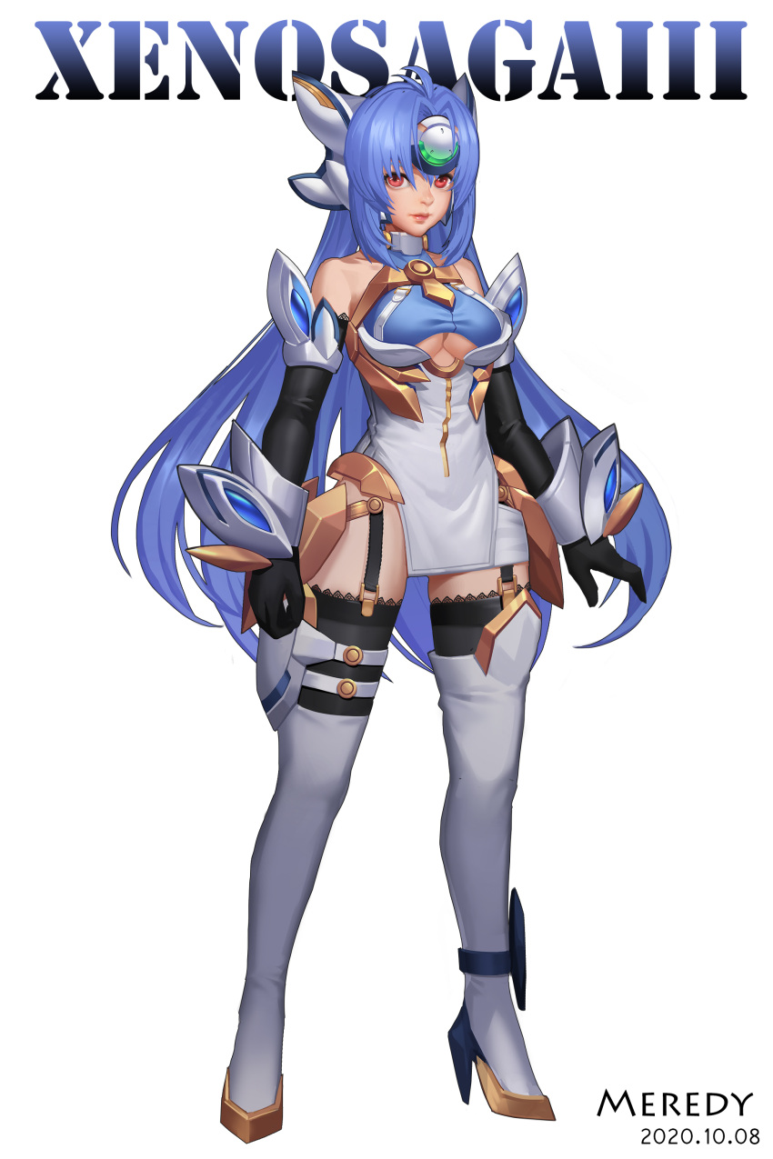 1girl absurdres ahoge android bare_shoulders blue_hair boots breasts closed_mouth clothing_cutout dated dress elbow_gloves expressionless forehead_protector full_body garter_straps gloves halter_dress halterneck highres kos-mos kos-mos_ver._4 lace-trimmed_legwear lace_trim long_hair mecha_musume medium_breasts pelvic_curtain red_eyes solo thigh-highs thigh_boots under_boob underboob_cutout xenosaga xenosaga_episode_iii yugioh007