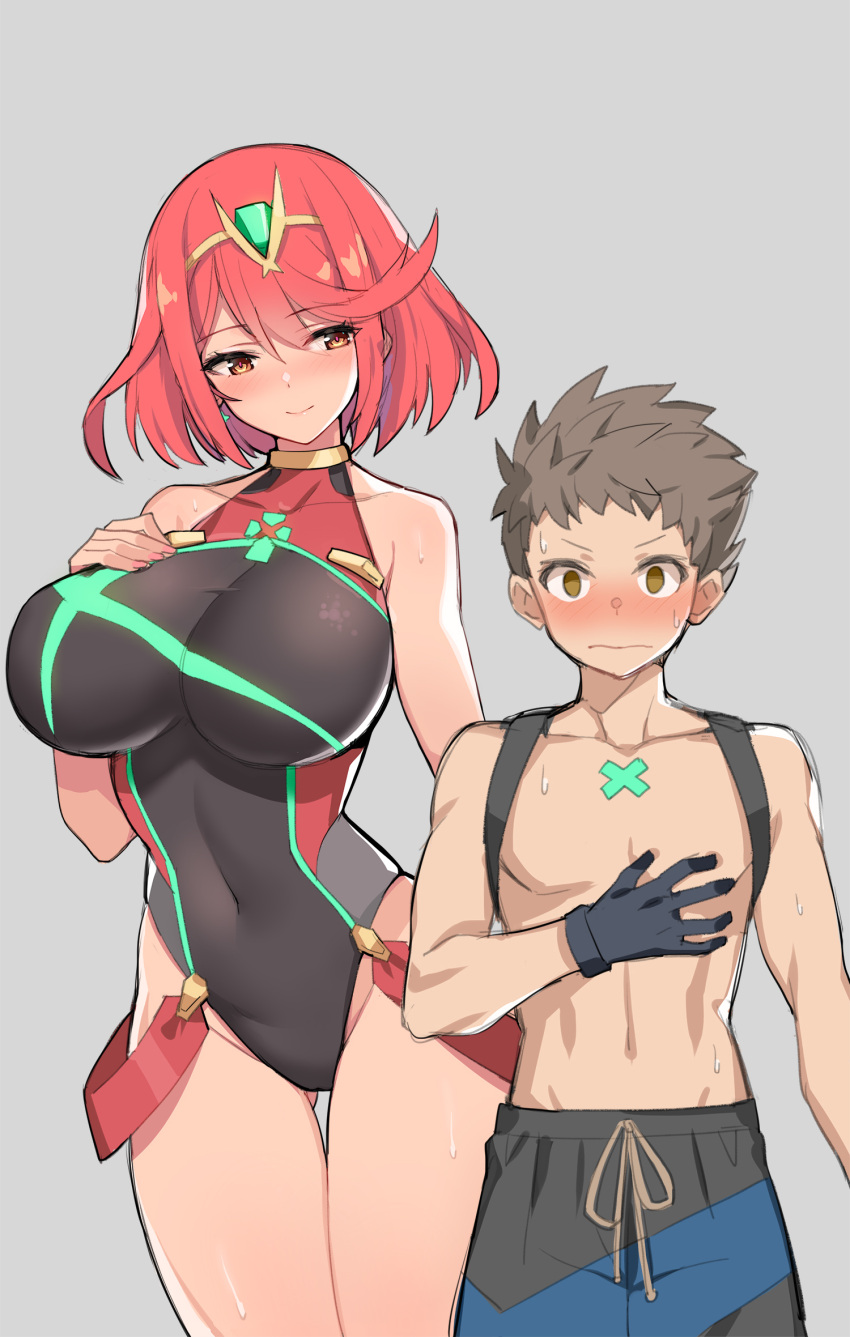 1boy 1girl breasts highres large_breasts pyra_(xenoblade) red_eyes redhead rex_(xenoblade) serin199 short_hair shorts swimsuit tall_female xenoblade_chronicles_(series) xenoblade_chronicles_2