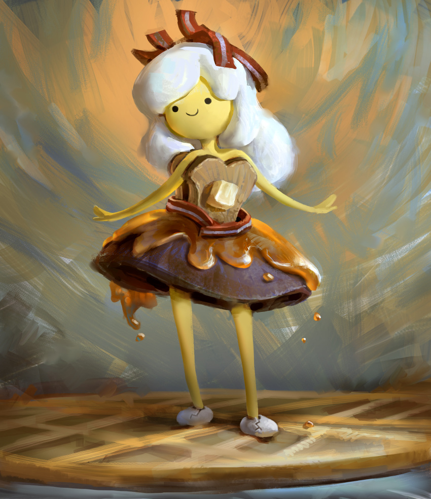 1girl adventure_time bacon black_eyes bread breakfast_princess brown_dress brown_skirt butter c: closed_mouth colored_skin commentary dress dripping eggshell english_commentary food food_on_head full_body giant_food highres long_hair maple_syrup messy mike_azevedo object_on_head on_food outstretched_arms pancake skirt smile solid_circle_eyes solo standing toast waffle white_footwear white_hair yellow_skin